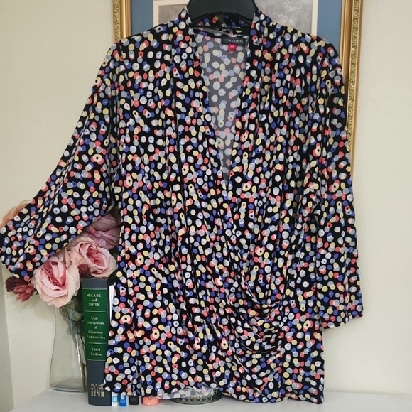 Colorful Polka Dot Faux Wrap Blouse Retro Career Elegant 2X Date Night Feminine - Picture 1 of 9
